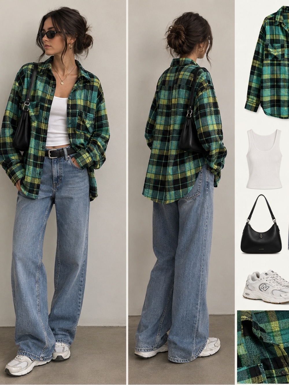 Pilcro Teal, Lime & Black Plaid Button-Down Oversized Shirt